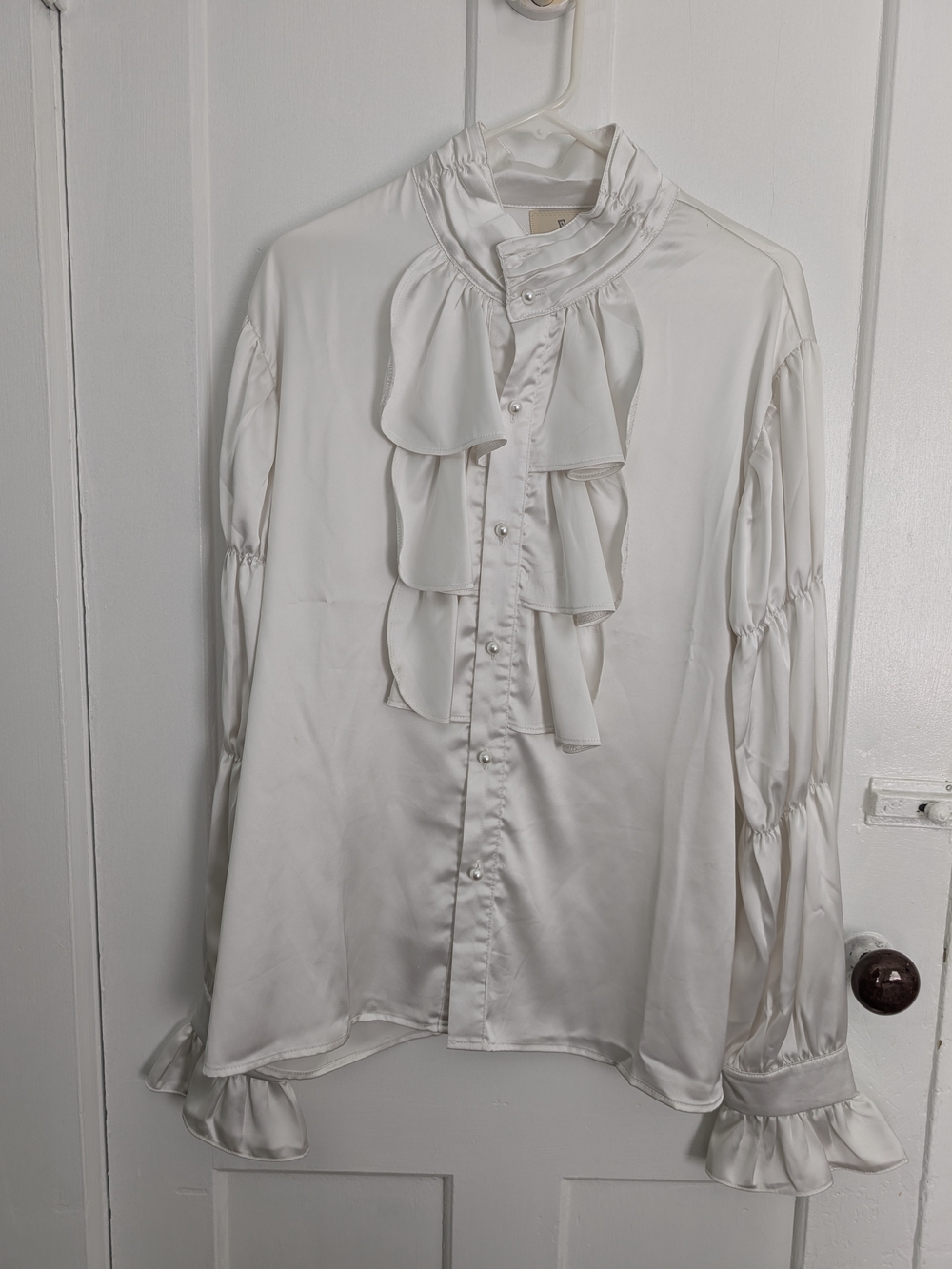 "Puffy Shirt" White Ruffle Front Satin Blouse by Fashion Brand Company
